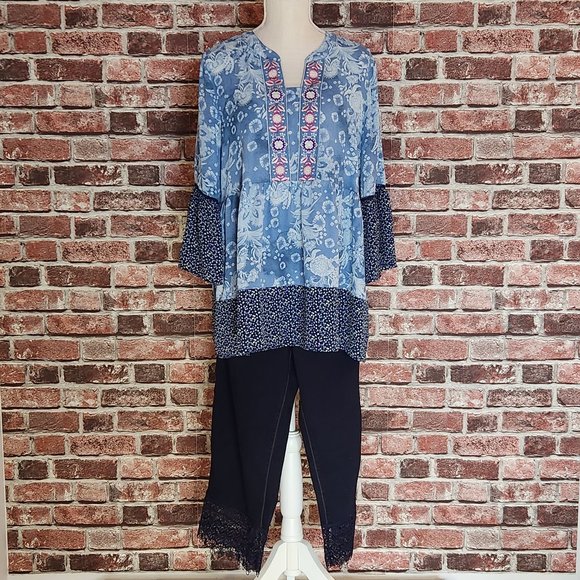$25/both! Pioneer Woman pull-on denim pant with lace hem and embroidered tunic - Picture 1 of 9
